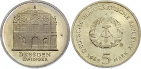Germany - DDR 5 Mark 1985 A Proof
KM# 103; J. 1602; Proof; Mintage 5500 pcs; 40 Years of destroying of the Zwinger of Dresden