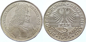 Germany - FRG 5 Mark 1955 G Unmounted
KM# 115; Silver 11.03 g.; 300th Anniversary - Birth of Ludwig von Baden; AUNC