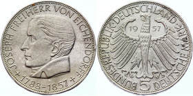 Germany - FRG 5 Mark 1957 J
KM# 117; Silver 11.08 g.; Centenary - Death of Joseph Freiherr von Eichendorff, poet; AUNC
