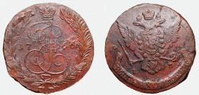 Russia 5 Kopeks 1766 EM
Bit# 612; Copper 59.04g; 6/3