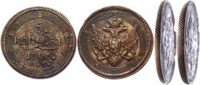 Russia 5 Kopeks 1806 EM
Bit# 293; 0,5 R by Petrov; Conros# 182/11; Copper 39,28g.; Alexander I; VF