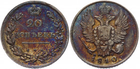 Russia 20 Kopeks 1810 СПБ ФГ R
Bit# 184 (R); 1 R by Petrov; 3 R by Ilyin; Conros# 143/1; Silver 4.54 g.; XF