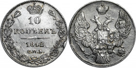 Russia 10 Kopeks 1842 СПБ АЧ
Bit# 362; Silver 1,92g.; Very rare this condition; Mint luster; UNC