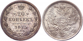 Russia 20 Kopeks 1875 СПБ HI
Bit# 226; Conros# 146/54; Silver 3,55g.; Alexander II; UNC