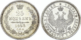 Russia 25 Kopeks 1858 СПБ ФБ
Bit# 56; Conros# 137/54; Silver 5,09g.; Alexander II; AUNC