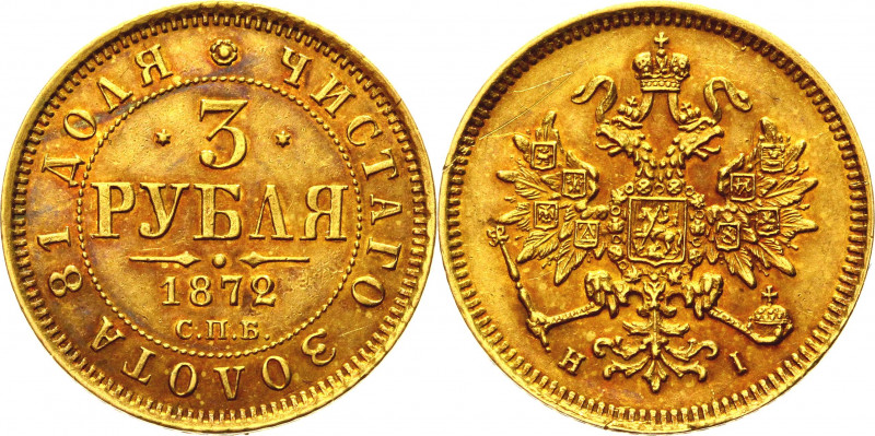 Russia 3 Roubles 1872 СПБ HI R
Bit# 34 (R); Conros# 21/4; Gold (.917) 3.91 g.; ...
