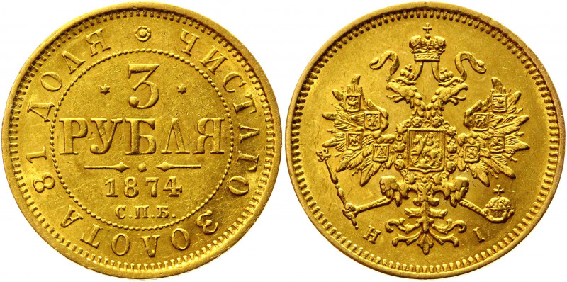 Russia 3 Roubles 1874 СПБ HI R
Bit# 36 (R); Conros# 21/6; Gold (.917) 3.91 g.; ...