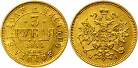 Russia 3 Roubles 1874 СПБ HI R
Bit# 36 (R); Conros# 21/6; Gold (.917) 3.91 g.; AUNC