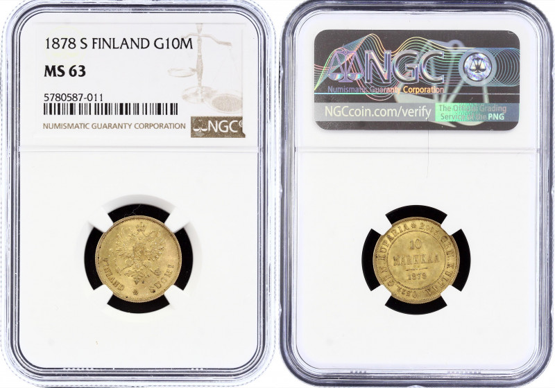 Russia - Finland 10 Markkaa 1878 S R NGC MS63
Bit# 614 (R); Gold (.900) 3.23g. ...