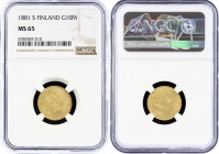 Russia - Finland 10 Markkaa 1881 S R NGC MS65
Bit# 616 (R); Gold (.900) 3.23g. Alexander II; UNC. Rare grade for old date.