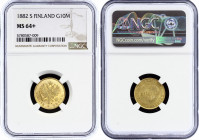 Russia - Finland 10 Markkaa 1882 S R NGC MS64+
Bit# 229; Gold (.900) 3.23g. Alexander III; UNC. Rare grade for old date.