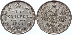 Russia 15 Kopeks 1908 СПБ ЭБ
Bit# 134; Conros# 149/73; Silver 2.74 g.; UNC