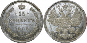 Russia 15 Kopeks 1908 СПБ ЭБ NNR MS64
Bit# 184; Mint luster