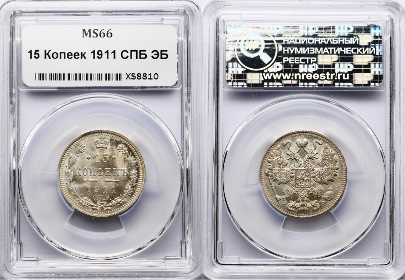 Russia 15 Kopeks 1911 CПБ ЭБ NNR MS66
Bit# 136; Silver; High Grade