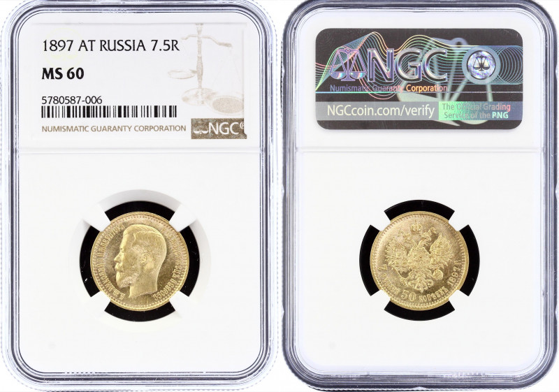Russia 7.5 Roubles 1897 АГ NGC MS60
Bit# 17; Gold (.900), 6.45g. Nicholas II; U...