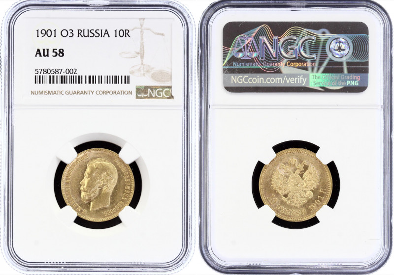 Russia 10 Roubles 1901 ФЗ NGC AU58
Bit# 8; Gold (.900) 8.6g. Nicholas II; UNC. ...