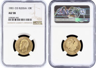 Russia 10 Roubles 1901 ФЗ NGC AU58
Bit# 8; Gold (.900) 8.6g. Nicholas II; UNC. Undergraded.