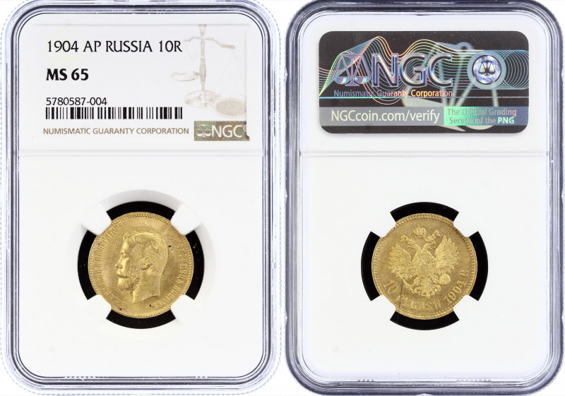 Russia 10 Roubles 1904 AP NGC MS65
Bit# 12; Gold (.900), 8.6g. Nicholas II; UNC...