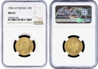 Russia 10 Roubles 1904 AP NGC MS65
Bit# 12; Gold (.900), 8.6g. Nicholas II; UNC. Rare in high grade.
