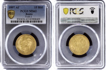 Russia 15 Roubles 1897 АГ R PCGS MS62
Bit# 1 R; 2 last letters under the neck; Gold (.900), 12.9g. UNC. Mint luster.