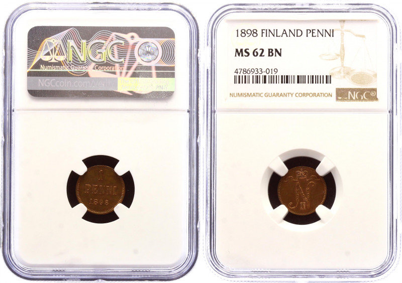 Russia - Finland 1 Penni 1898 NGC MS62 BN
Bit# 459; Copper; Mint luster remains