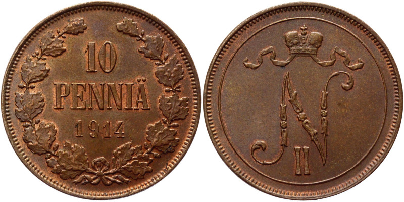 Russia - Finland 10 Pennia 1914 
Bit# 437; Conros# 487/23; Copper 12,71g.; Nich...