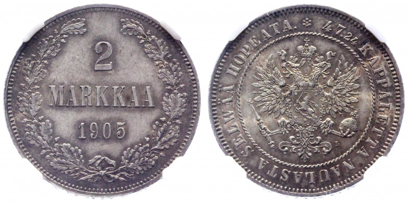 Russia - Finland 2 Markka 1905 L NNR MS62
Bit# 395 (R); Conros# 483/8; Silver; ...