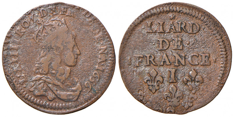 FRANCIA. Luigi XIV (1643-1715). Liard 1656 I (Limoges). Cu. Gadoury 80.
qBB/BB