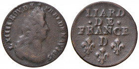 FRANCIA. Luigi XIV (1643-1715). Liard 1695 D (Lyon). Cu. Gadoury 81.
qBB/BB