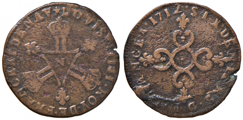 FRANCIA. Luigi XIV (1643-1715). 6 Deniers 1712 N (Montpellier). Cu. Gadoury 85; ...