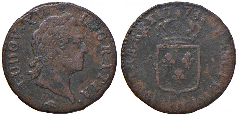 FRANCIA. Luigi XV (1715-1774). Sol 1773 D (Lyon). Cu. Gadoury 280. KM 545.5.
qB...