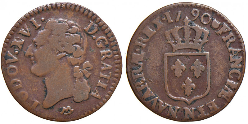FRANCIA. Luigi XVI (1774-1792). 1/2 Sol 1790 N (Monpellier). Cu. Gadoury 349. KM...