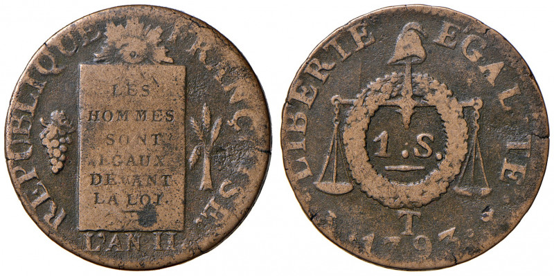 FRANCIA. Convenzione (1792-1795). 1 Sol aux Balances 1793 T (Nantes). Cu. Gadour...