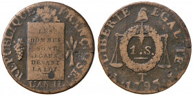 FRANCIA. Convenzione (1792-1795). 1 Sol aux Balances 1793 T (Nantes). Cu. Gadoury 19.
qBB