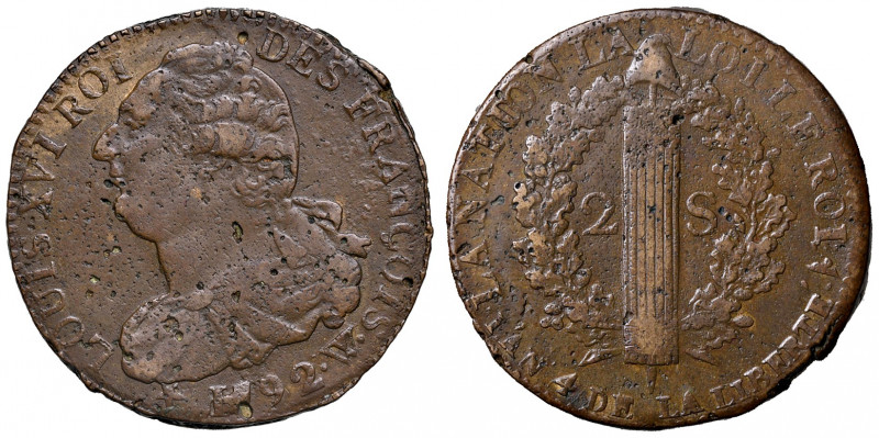 FRANCIA. Luigi XVI. Costituzione (1791-1792). 2 Sols 1792 W (Lille). Cu. Gadoury...