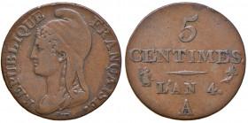 FRANCIA. Direttorio (1795-1799). 5 centimes L'An. 4 A (Paris). Cu. Gadoury 124.
BB