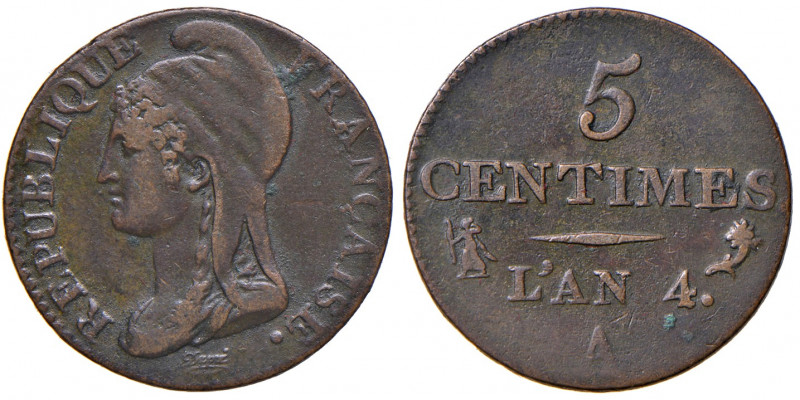 FRANCIA. Direttorio (1795-1799). 5 centimes L'An. 4 A (Paris). Cu. Gadoury 124....