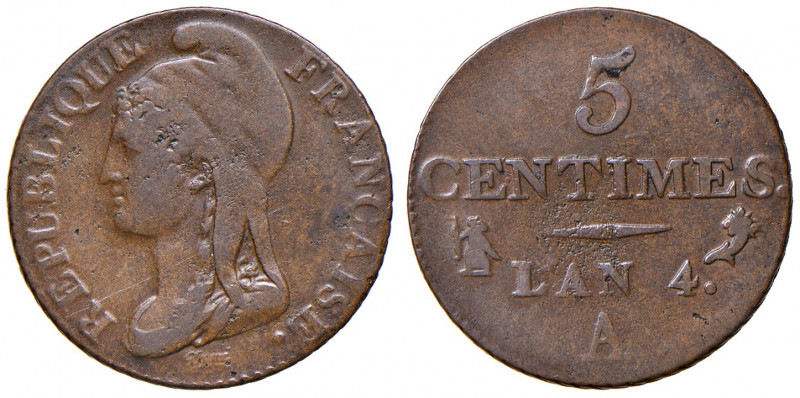 FRANCIA. Direttorio (1795-1799). 5 centimes L'An. 4 A (Paris). Cu. Gadoury 124....