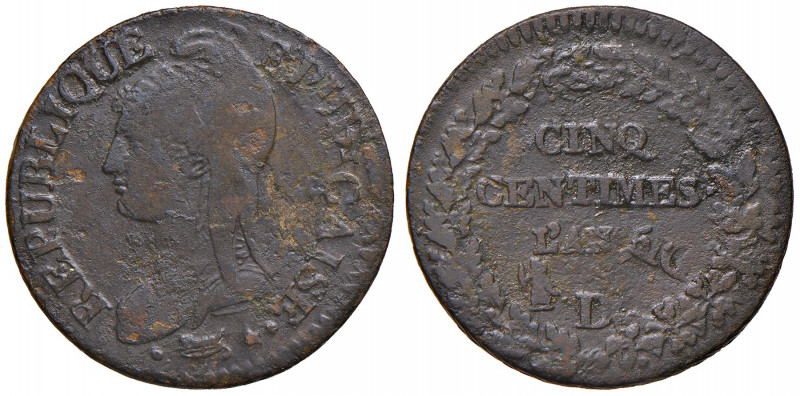 FRANCIA. Direttorio (1795-1799). 5 centimes, ribattuto su 10 cent (surfrappe du ...
