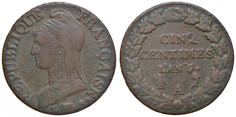 FRANCIA. Direttorio (1795-1799). 5 centimes L'An. 5 A (Paris). Cu. Gadoury 126....