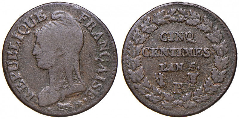 FRANCIA. Direttorio (1795-1799). 5 centimes L'An. 5 B (Rouen). Cu. Gadoury 126....