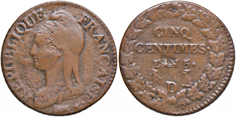FRANCIA. Direttorio (1795-1799). 5 centimes L'An. 5 D (Lyon). Cu. Gadoury 126.
...
