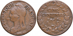 FRANCIA. Direttorio (1795-1799). 5 centimes L'An. 5 D (Lyon). Cu. Gadoury 126.
qBB
