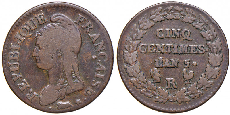 FRANCIA. Direttorio (1795-1799). 5 centimes L'An. 5 R (Orléans). Cu. Gadoury 126...