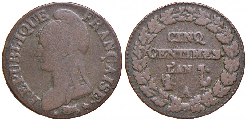 FRANCIA. Direttorio (1795-1799). 5 centimes L'An. 7 A (Paris). Cu. Gadoury 126....