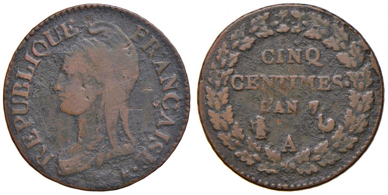 FRANCIA. Direttorio (1795-1799). 5 centimes L'An. 7 A (Paris), 7 su 5. Cu. Gadou...