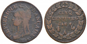 FRANCIA. Direttorio (1795-1799). 5 centimes L'An. 7 A (Paris), 7 su 5. Cu. Gadoury 126.
qBB
