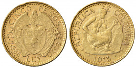 COLOMBIA. Repubblica. 5 Pesos 1913. AU (g 7,99). KM 195.1. Colpetto al bordo.
BB+/qSPL