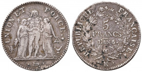 FRANCIA. Direttorio (1795-1799). 5 Franchi An. 5 K (Bordeaux). AG (g 24,5 - Ø 37 mm). Gad.563. R. Cifra "5" su "4".
MB