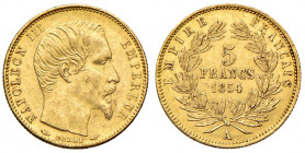 FRANCIA. Napoleone III (1852-1870). 5 francs 1854 A (Paris). Modulo piccolo e contorno rigato. (Petit module - Tranche canelée). AU (g 1,60 - Ø 14 mm)...